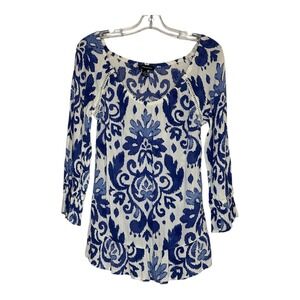 INC International Concepts Tunic Top Blue White Floral Print Long Sleeve‎ SZ XS